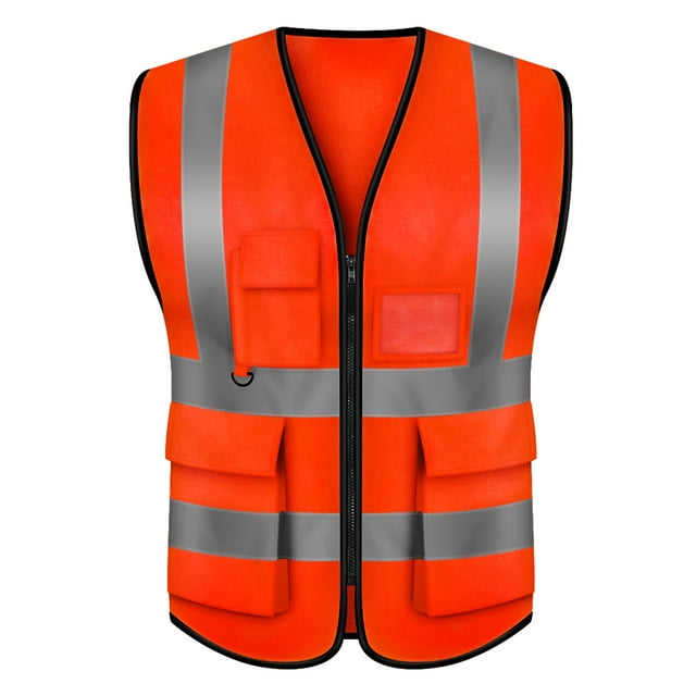 GOGO 5 Pockets High Visibility Zipper Front Breathable Safety Vest with Reflective Strips, Uniform Vest-neonOrange-L