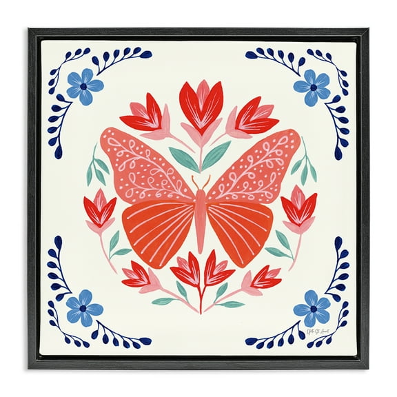 Stupell Industries Orange Folk Butterfly Insects Painting Black Floater Framed Canvas Art Print Wall Art, 18 x 18