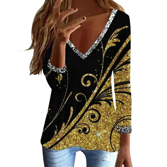 Sequin Tops for Women Deep V Neck Long Sleeve Glitter Graphic Print Tee Shirts Business Casual Loose Fit Tunic Blouses