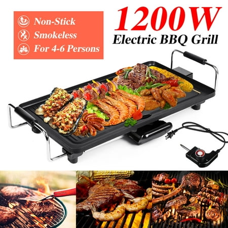 [For 4-6 Persons] 19 Inch 1200W Non-Stick Smokeless Barbeque Grill Portable Electric Griddle for Indoor / Outdoor BBQ Grill Griddle Pan US (Best Electric Griddle Pan)