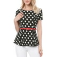 thumbnail image 3 of INSPIRE CHIC Women's Round Neck Short Sleeves Polka Dots Peplum Blouse with Belt M Black, 3 of 8