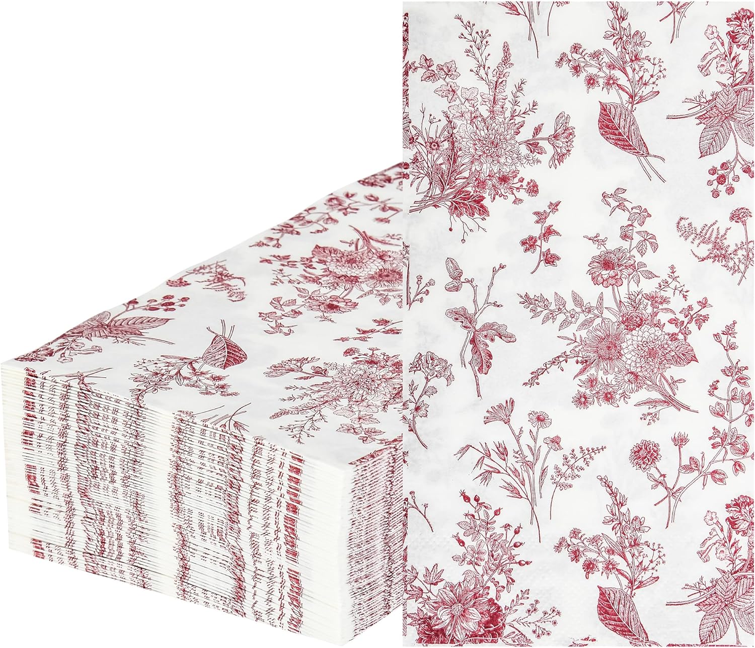 100 Floral Guest Napkins Red White Toile Disposable Paper Napkins Flower Bathroom Hand Towels for Tea Party Christmas Bridal Baby Shower Party Supplies (Red)