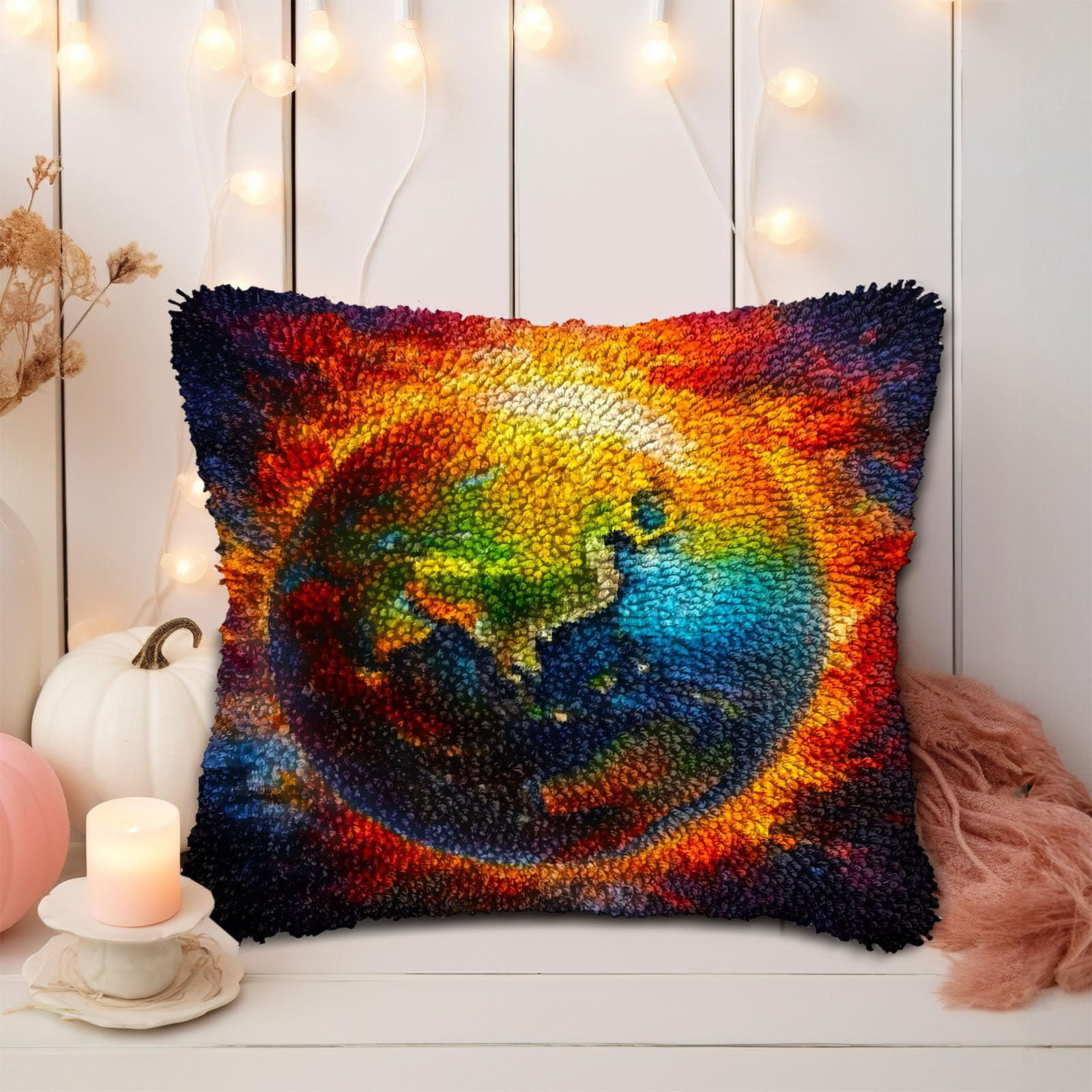 Earth in Sun Circle DIY Latch Hook Pillow Kits for Adults Printed Pillowcase Crochet Yarns Hooking Handmade Pillow Cover Cushion for Home Sofa Decoration 17x17inch