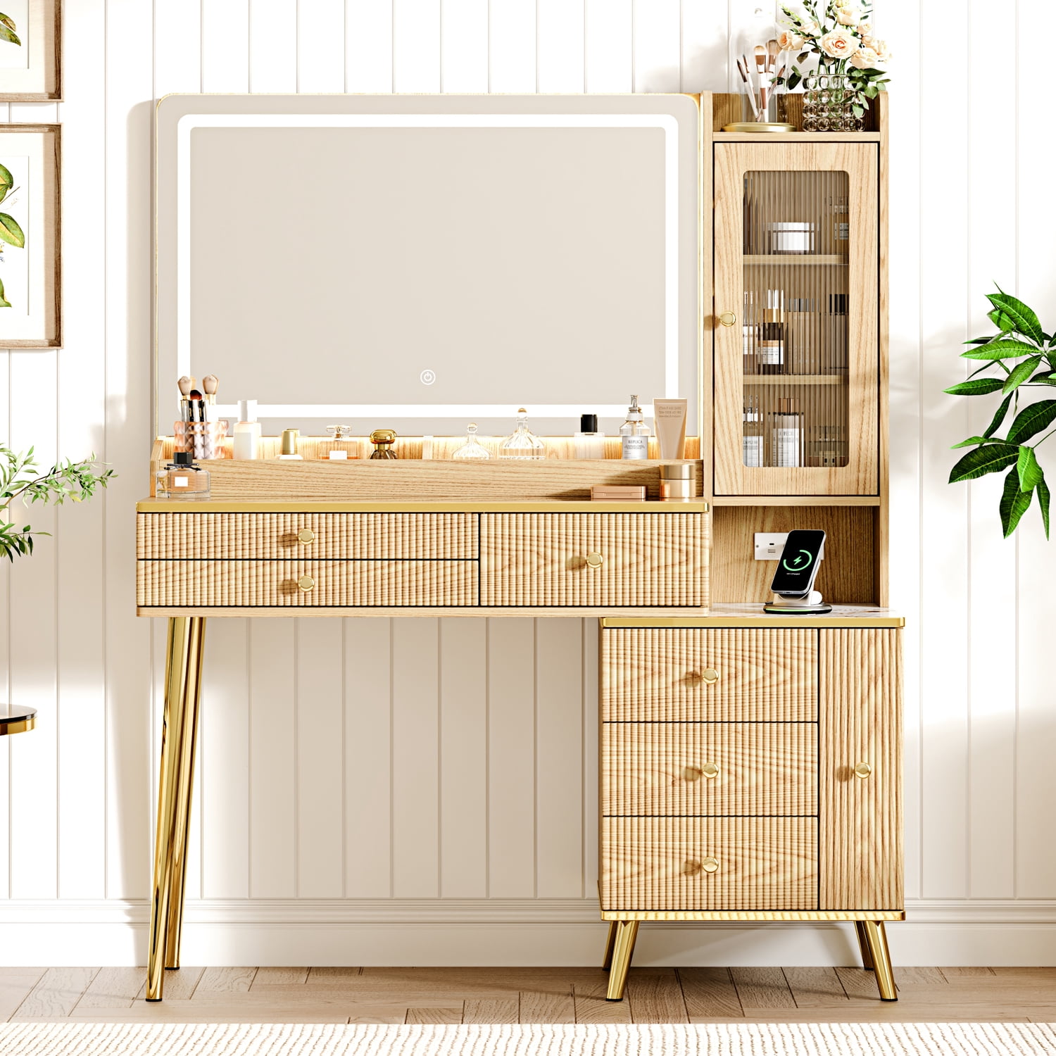 Arulvmrn 46.85" Lighted Makeup Vanity Desk, 7 Drawers, Charging Station, Oak