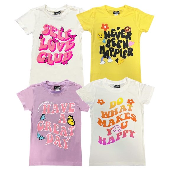 MISS POPULAR Girls 4-Pack Super Soft Short Sleeve T-Shirts Rainbow Butterfly Glitter Print Cute Design| Sizes 7-16