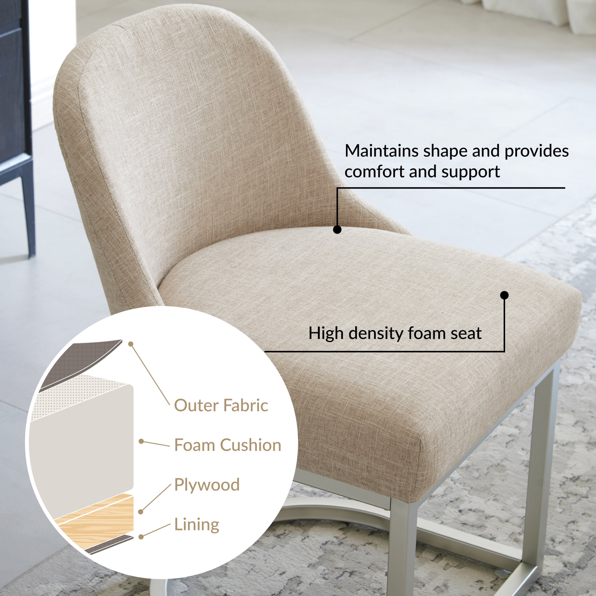 Upholstered Barrelback Dining Chair with Pewter Metal Base, Modern Oatmeal Linen, Set of 2