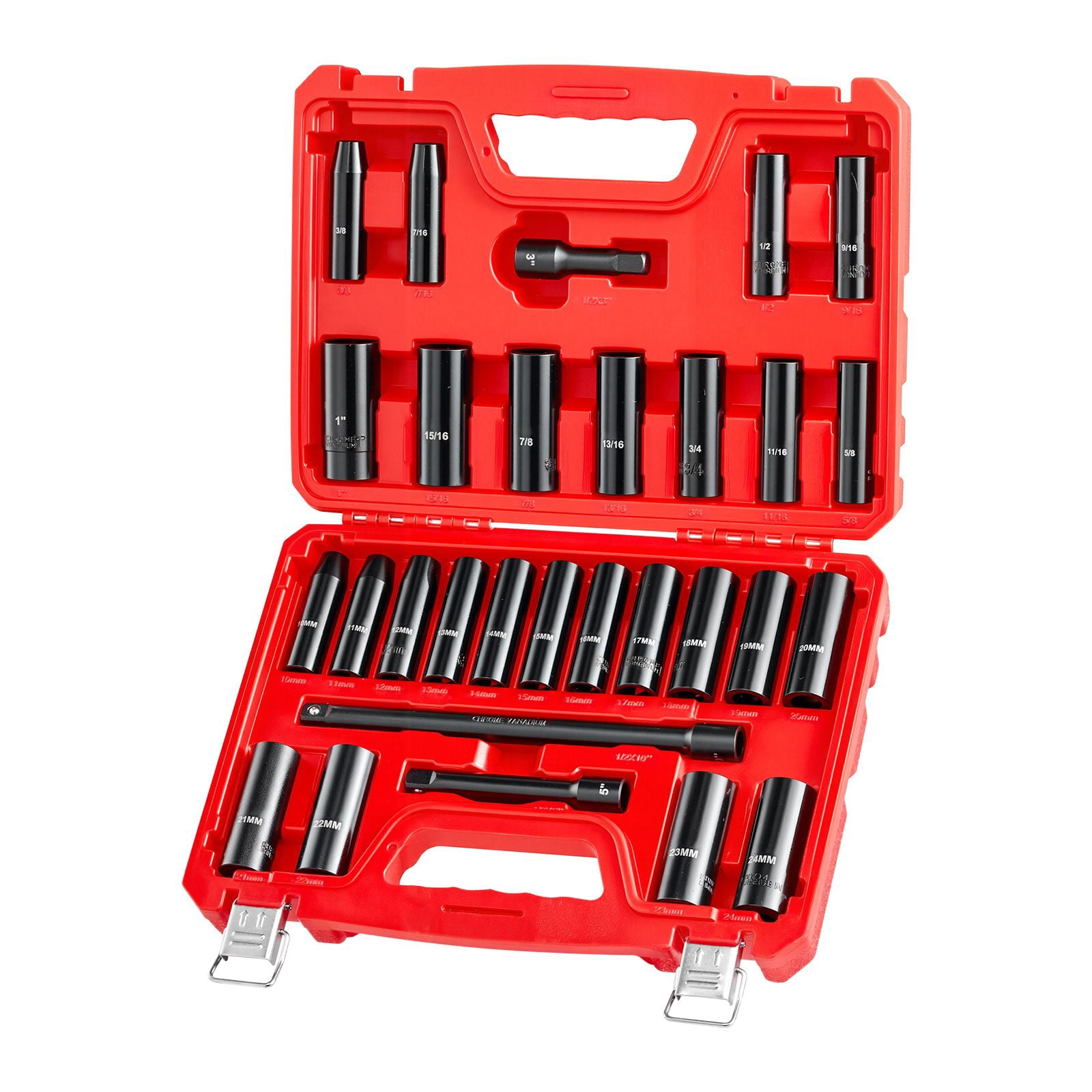 1/2 in Drive Impact Socket Set, 29 Piece, 6 Point Deep Impact Sockets, SAE (3/8 to 1 inch) and Metric (10 to 24 mm) Sizes with Extension Bars (3, 5, 10 in), Cr-V Steel, Heavy Duty Carrying Case
