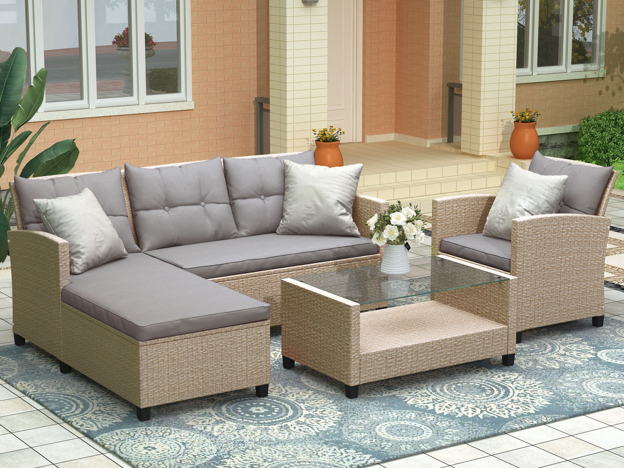 Outdoor Garden Patio Sectional Sofa Sets, SEGMART 4 Pieces Modern Wicker Furniture Set with Storage Tempered Glass Coffee Table, Armchair, Conversation Sets for Porch Poolside Backyard, S1497 - image 2 of 9