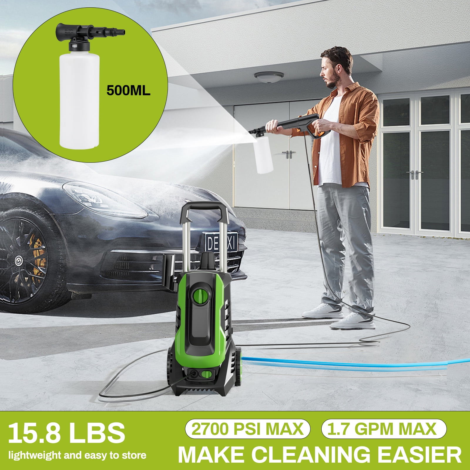 Pirecart Electric Pressure Washer 2700 PSI 1.7 GPM Power Washer with 4 Quick Connect Nozzles, Foam Cannon, Home/Driveway/Car Wash/Patio/Fence Power Washer with Surface Cleaner