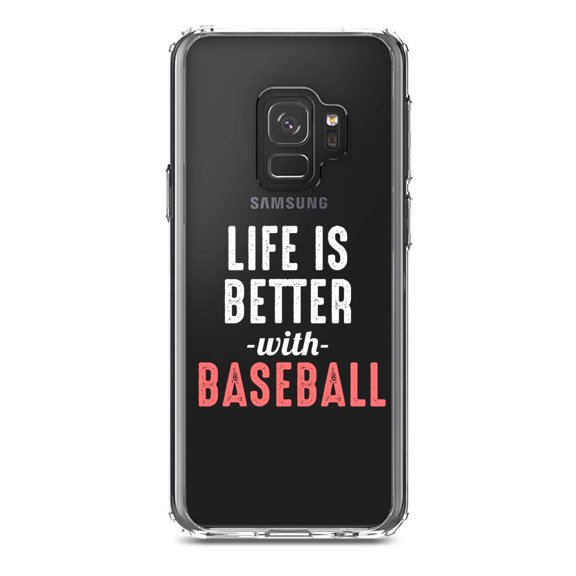 DistinctInk Clear Shockproof Hybrid Case for Samsung Galaxy S9 (5.8" Screen) - TPU Bumper Acrylic Back Tempered Glass Screen Protector - Life is Better with Baseball