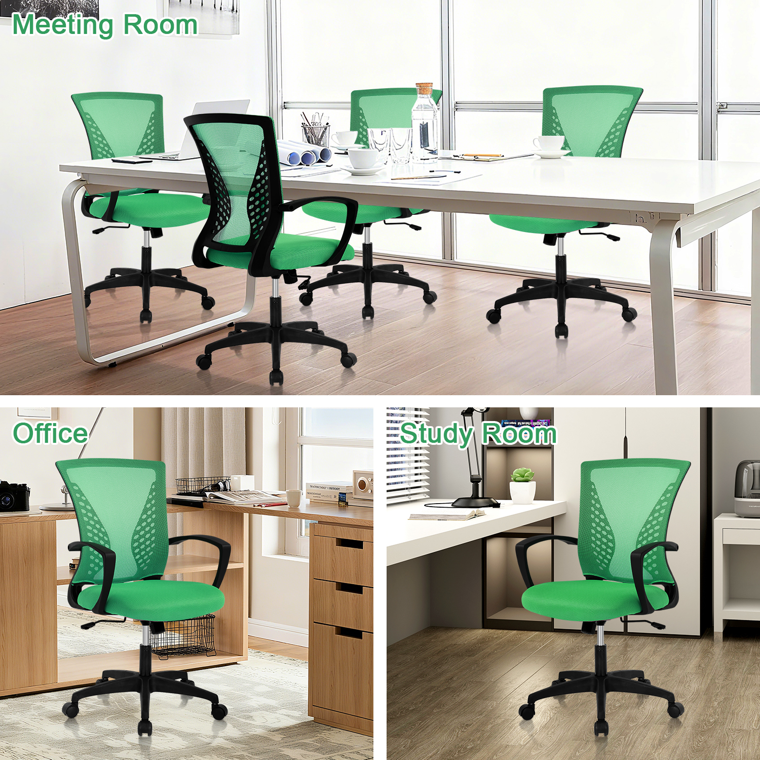 Mid-Back Office Chair, Ergonomic Computer Chair Adjustable Desk Chair with Armrest, Rolling Swivel Chair for Home&Office, Easy to Assemble, Green