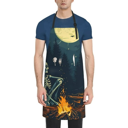 

Qekee Moonlit Skeleton Campfire Print Waterproof Apron with Pockets Adjustable Cooking Aprons Kitchen Bib for Baking Household Cleaning