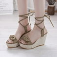 thumbnail image 4 of AXXD Beige Sandals for Women Summer Solid Color Bowknot Bandage Comfy Sandals Slope Heeled Beach Casual Shoes, 4 of 9