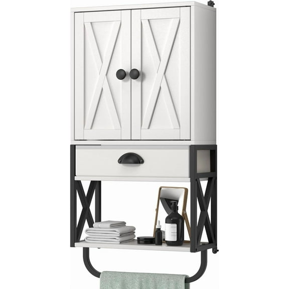 Bathroom Medicine Wall Cabinet, 3-Tier Wooden Storage Cabinet with 2 Door and Adjustable Shelf for Kitchen Living Room with Towel Rack (White)