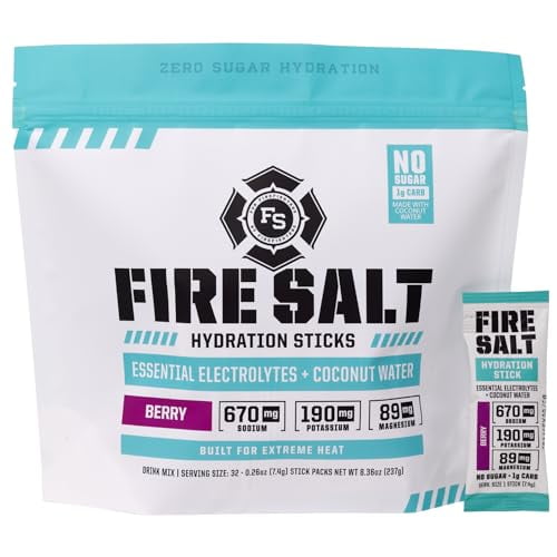 Fire Science Barras de hidratación con sal de fuego, electrolitos y agua de coco, mezcla de bebidas hidratantes con magnesio, potasio y sodio, cero azúcar, paquetes individuales para llevar, sabor a b