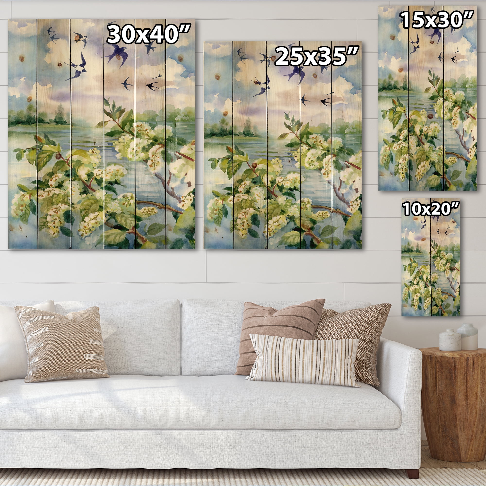 Designart 'Flowers of The Cherry Blossoms On A Spring Day Landscape' Traditional Print on Natural Pine Wood