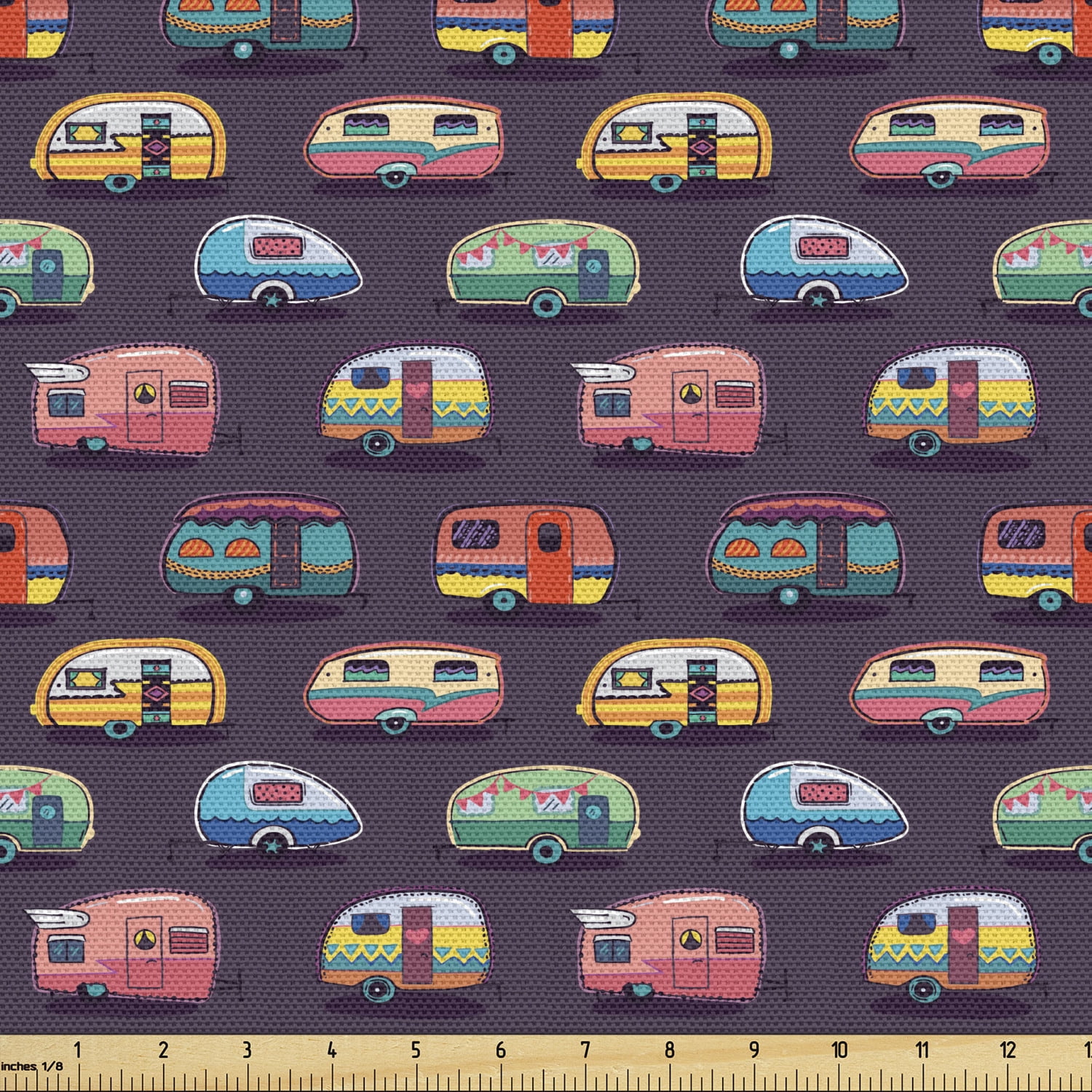 Happy Camper Fabric by the Yard, Retro Travel Themed Continuous Pattern