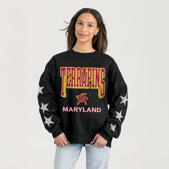 Women's Gameday Couture  Black Maryland Terrapins Pure Victory Relaxed Rhinestone Pullover Sweatshirt