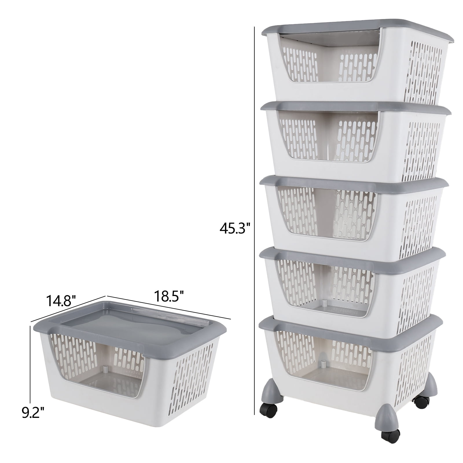 Afromy 5 Tier Open Front Storage Bins with Wheels, Plastic Stackable Storage Organizer Basket for Kitchen