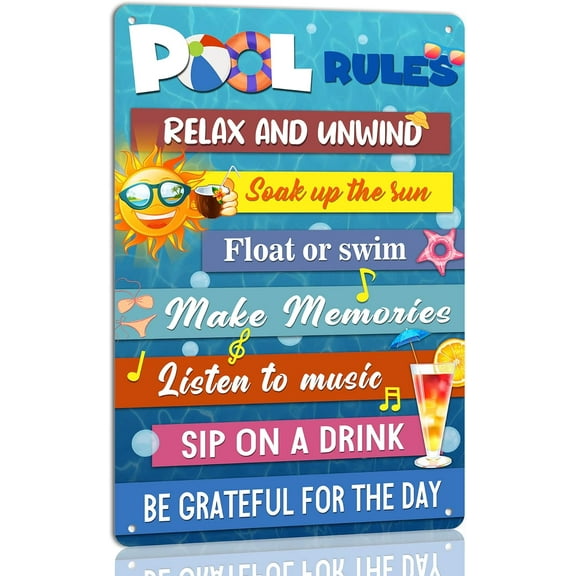 FABSURE Funny Pool Rules Metal Tin Signs, Vintage Pool Rules Wall Decoration Outdoor Swimming Pool Decor Sign for Home Pool Party Decor 8x12 Inch