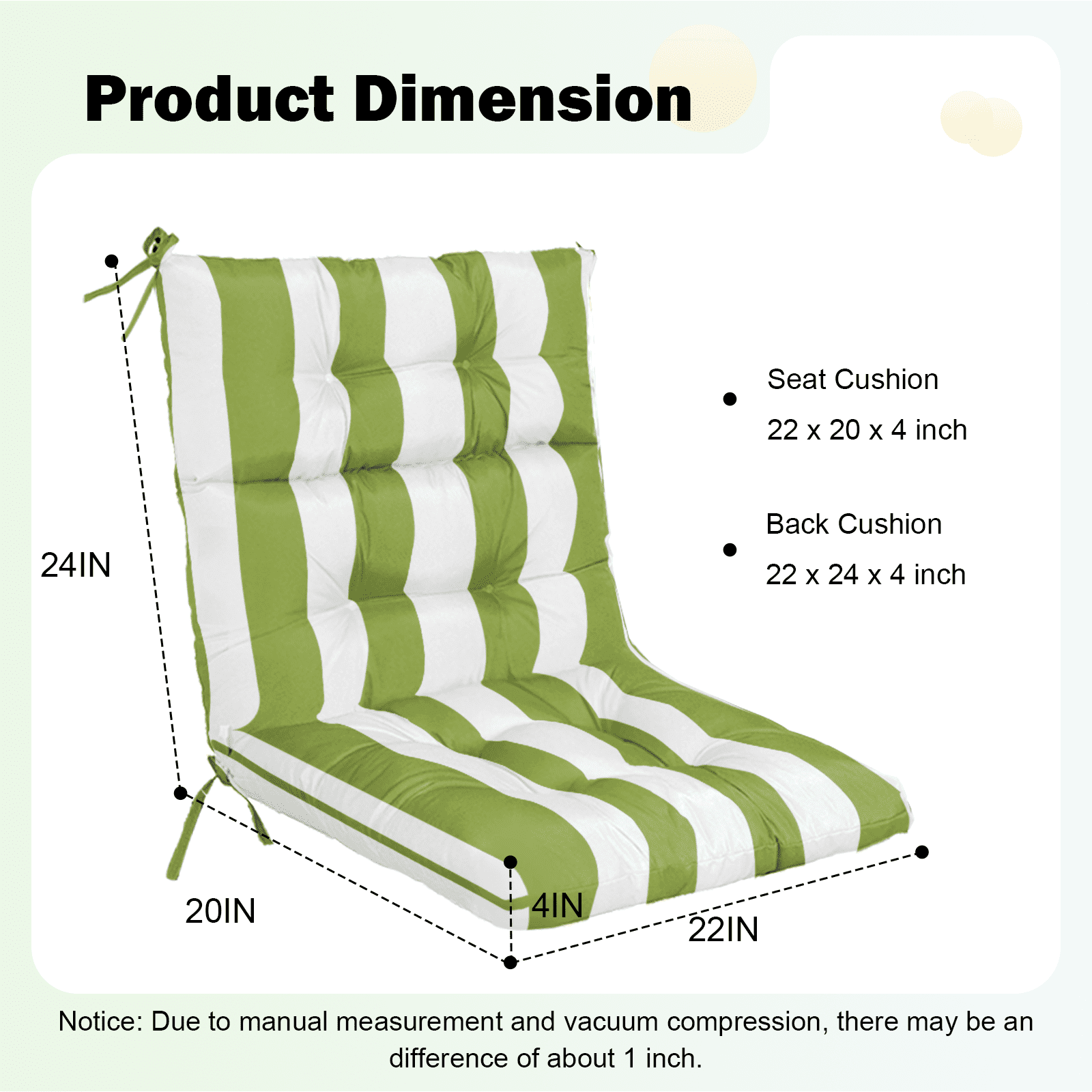 Vacmaster Patio High Back Chair Cushions Set of 2 - Outdoor Dining Chair Pads,Waterproof Replacement Seat Pad,for Rocking and Lounge Chairs,Indoor & Outdoor Furniture Cushions,Grass Green Stripes