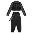 thumbnail image 3 of TiaoBug Kids Girls Hip Hop Jazz Dance Outfits Sequin Long Sleeve Crop Top with Cargo Pants Modern Performance Costume Black 10, 3 of 5