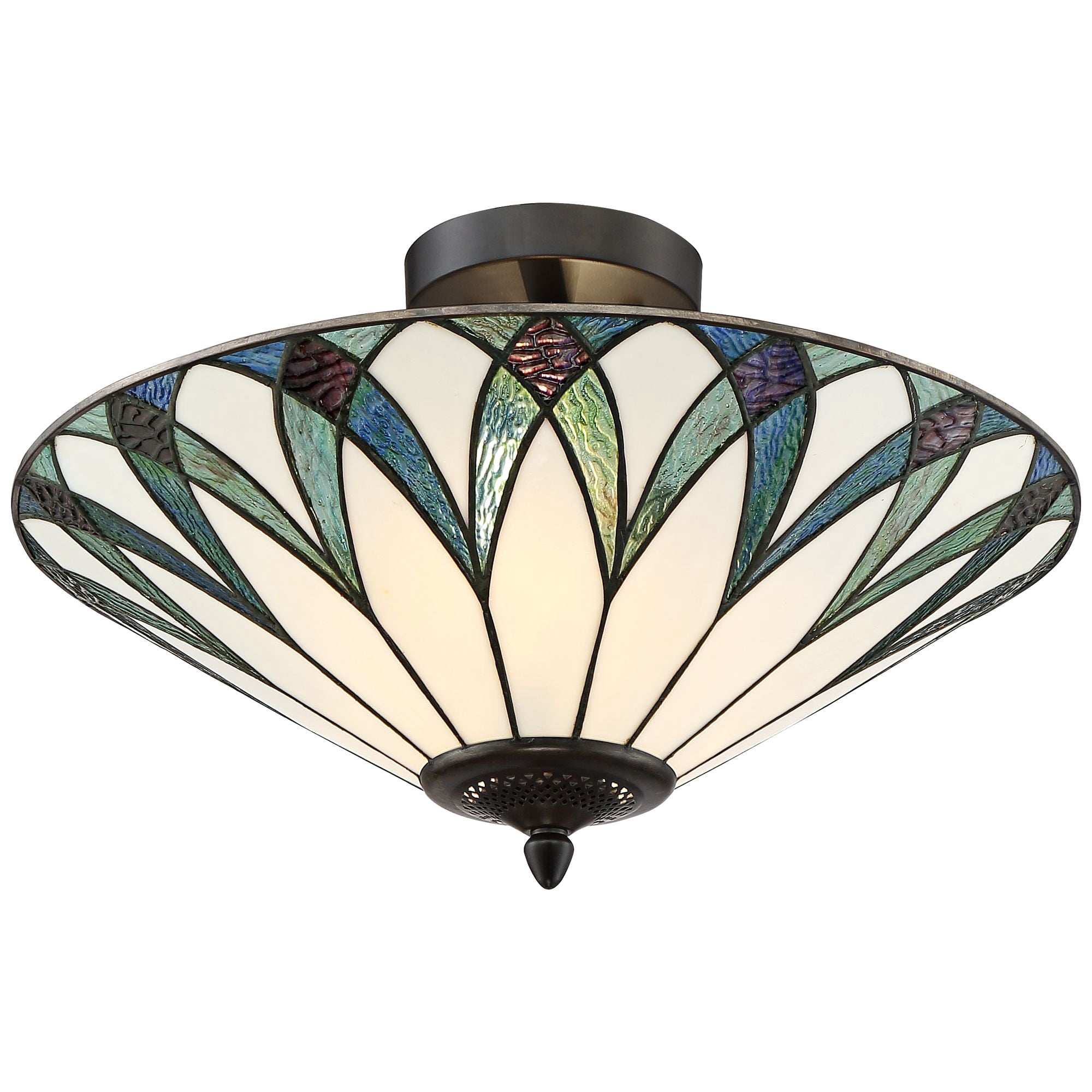 Regency Hill Filton Tiffany Style Ceiling Light Semi Flush Mount Fixture 18" Wide Bronze 2-Light Blue Green Art Glass for Bedroom Kitchen Living Room