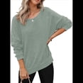 thumbnail image 2 of Sudadera de Cuello Redondo de Punto Gofre de Gran Tamaño para Mujer, Sudadera Informal de Larga con Laterales Verde L, 2 of 8