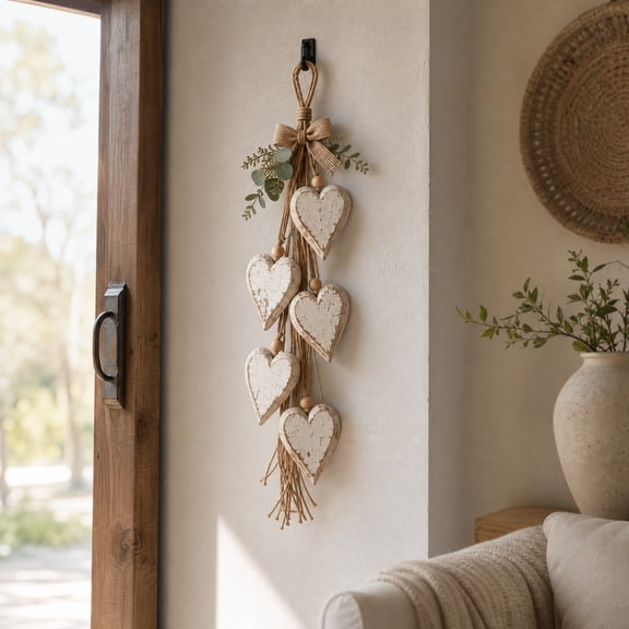 Rustic Neutral Hanging Heart Wall Decor, Ocean Themed Five Hearts Wall Hanging, Rustic Wooden Bead Coastal Decor for Beach House & Entryway
