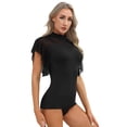 thumbnail image 2 of Zaldita Women Gymnastics Leotard Bodysuit Ruffle Mesh Short Sleeve Modern Latin Dance Tops Black S, 2 of 7