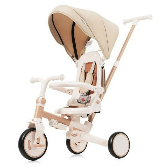 taoruifang 7 in 1 Baby Tricycle, Foldable Toddler Tricycle with Removable and Adjustable Parent Handle,Canopy light brown