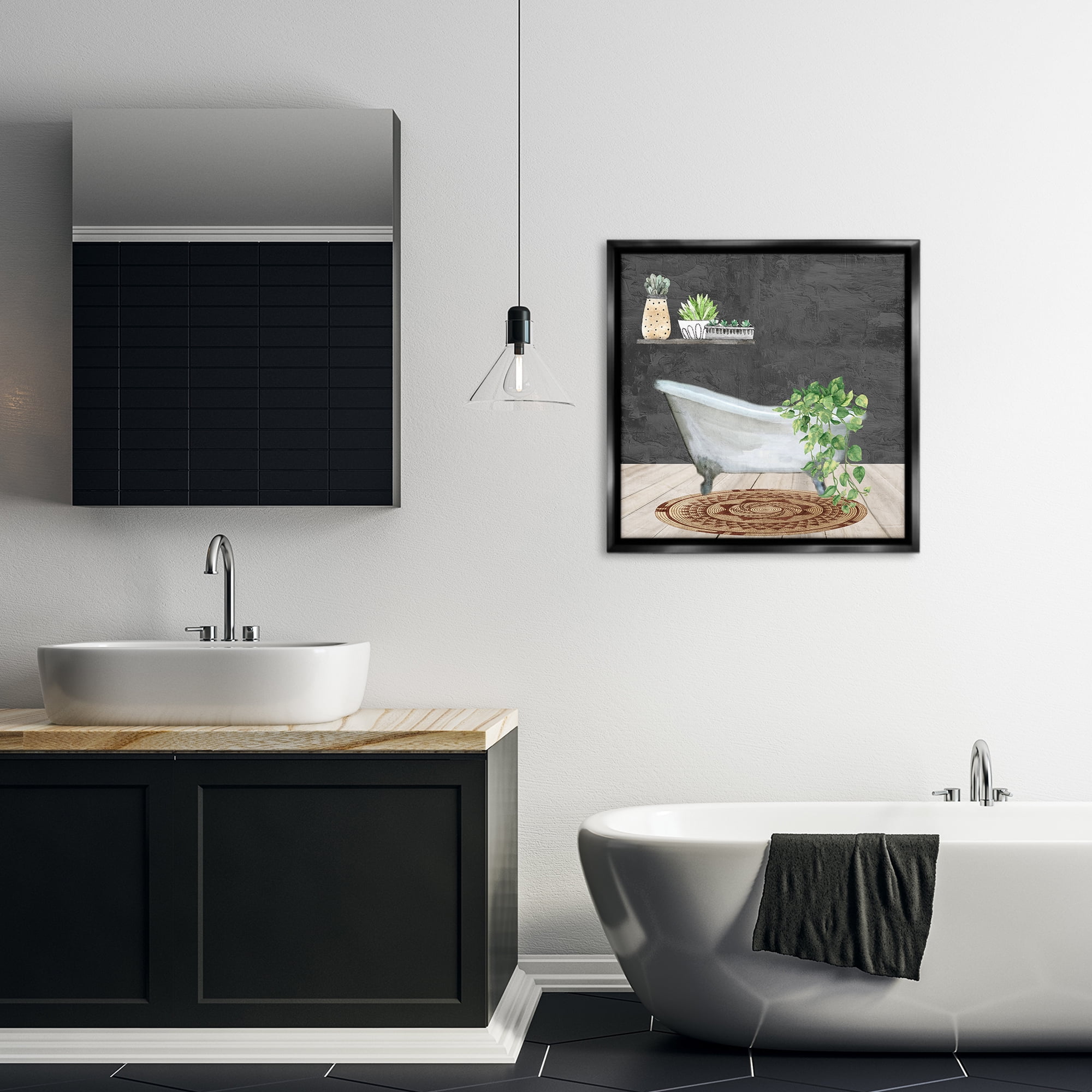 Stupell Industries Botanical Bathtub Scene Bath & Laundry Painting Black Floater Framed Canvas Art Print Wall Art, 25 x 25