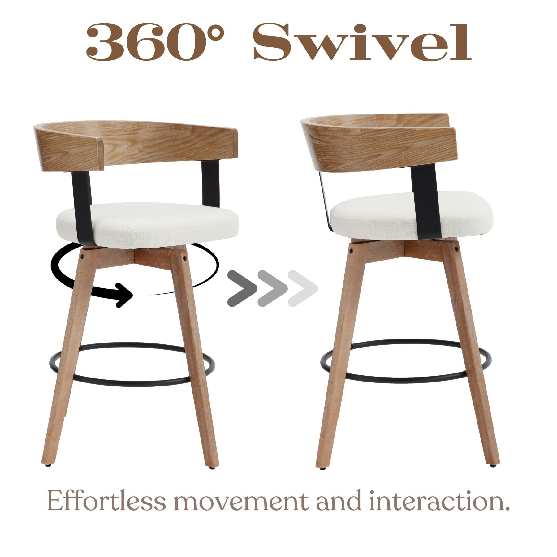 Dayalane Mid Century Modern Bar Stools Set of 2, 26" Swivel Counter Stools with Barrel Back, Linen Upholstered Barstools with Wood Legs for Kitchen Island, Dining Room, Home Bar, White
