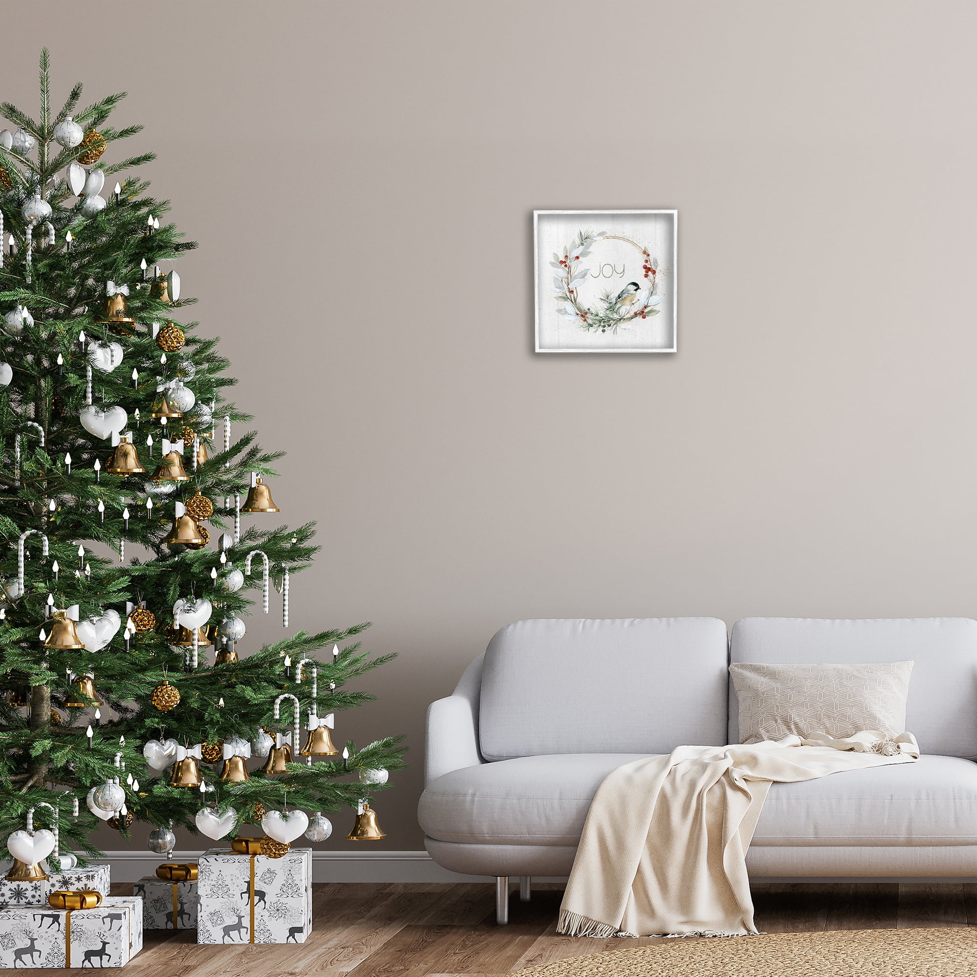 Stupell Industries Simple Joy Winter Wreath Holiday Painting White Framed Art Prints Wall Art, 17 x 17