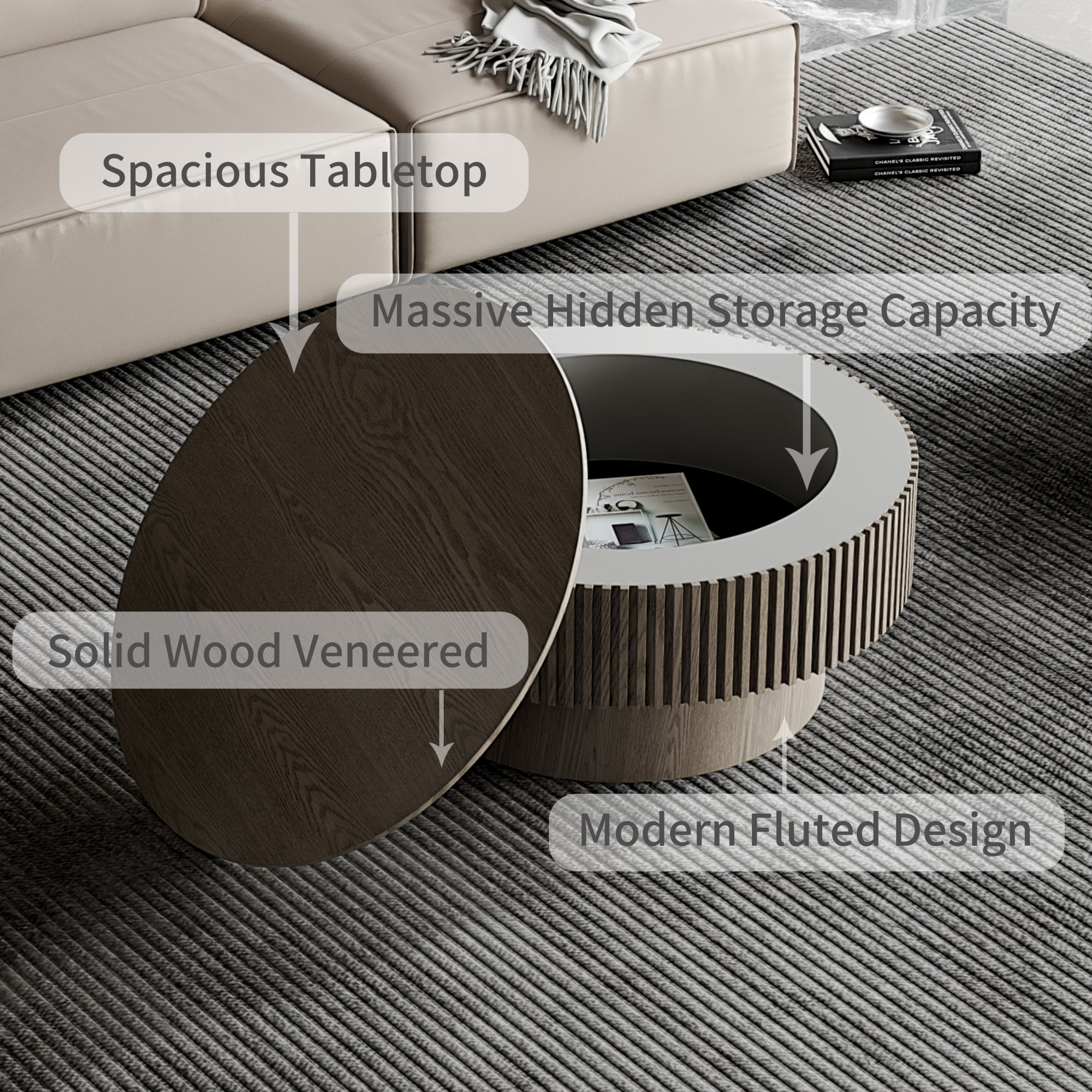 31.5'' Round Coffee Table with Hidden Storage Compartment, Solid Wood Accent Table with Lid, Modern Center Table Tea Table for Living Room, Bedroom, Apartment or Office