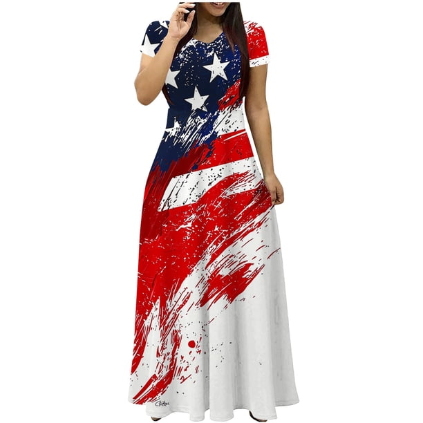Vestidos de Verano de Manga Corta para Mujer Día de la Independencia Impreso Cuello Redondo Vestido Largo con Bolsillo, Poliéster Desgaste Casual, Lavado de Manos
