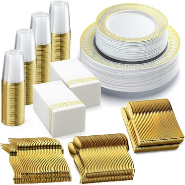 252-Piece White and Gold Plates, Napkins, Party Supplies, Dinnerware for Adults (36 sets), Gold Plastic Plate Set