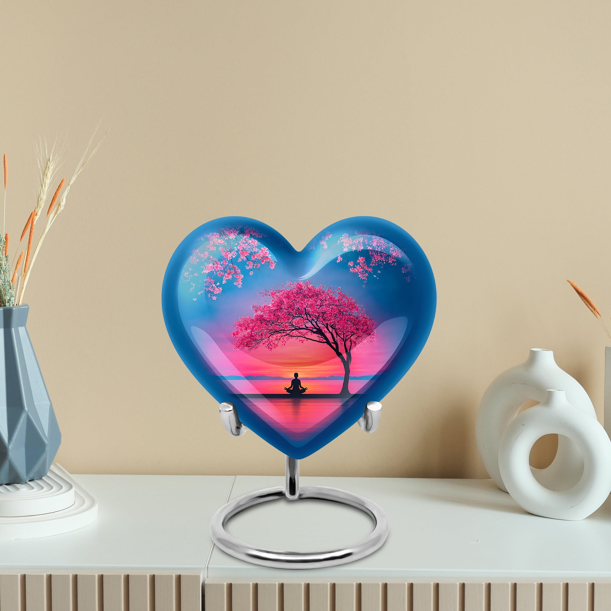 MUKTIVE Cherry Blossom Funeral Urns for Human Ashes, Adult Urn for Ashes Male & Female, Sunrise Heart Urns for Dad and Mom, Large Blue Urn for Couple Cremation, 8 Inch