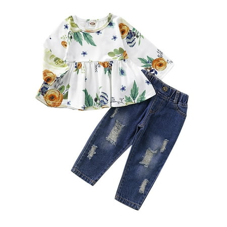

KIMI BEAR Infant Baby Girls Pants Outfits 12 Months Infant Girls Fall Winter Clothes 18 Months Girls Sweet Flower Long Sleeve Top Ripped Jeans Headband 3PCs Set White