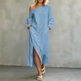 thumbnail image 2 of Vynhevius Oversized Womens Dresses Off Shoulder Slit Hem Loose Fit Long Sleeve Solid Dresses, 2 of 5