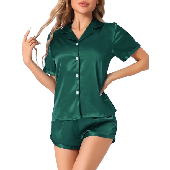 DARING DIVA Women's Satin Pajama Set Button Shirt and Shorts Loungwear Deep Green XL