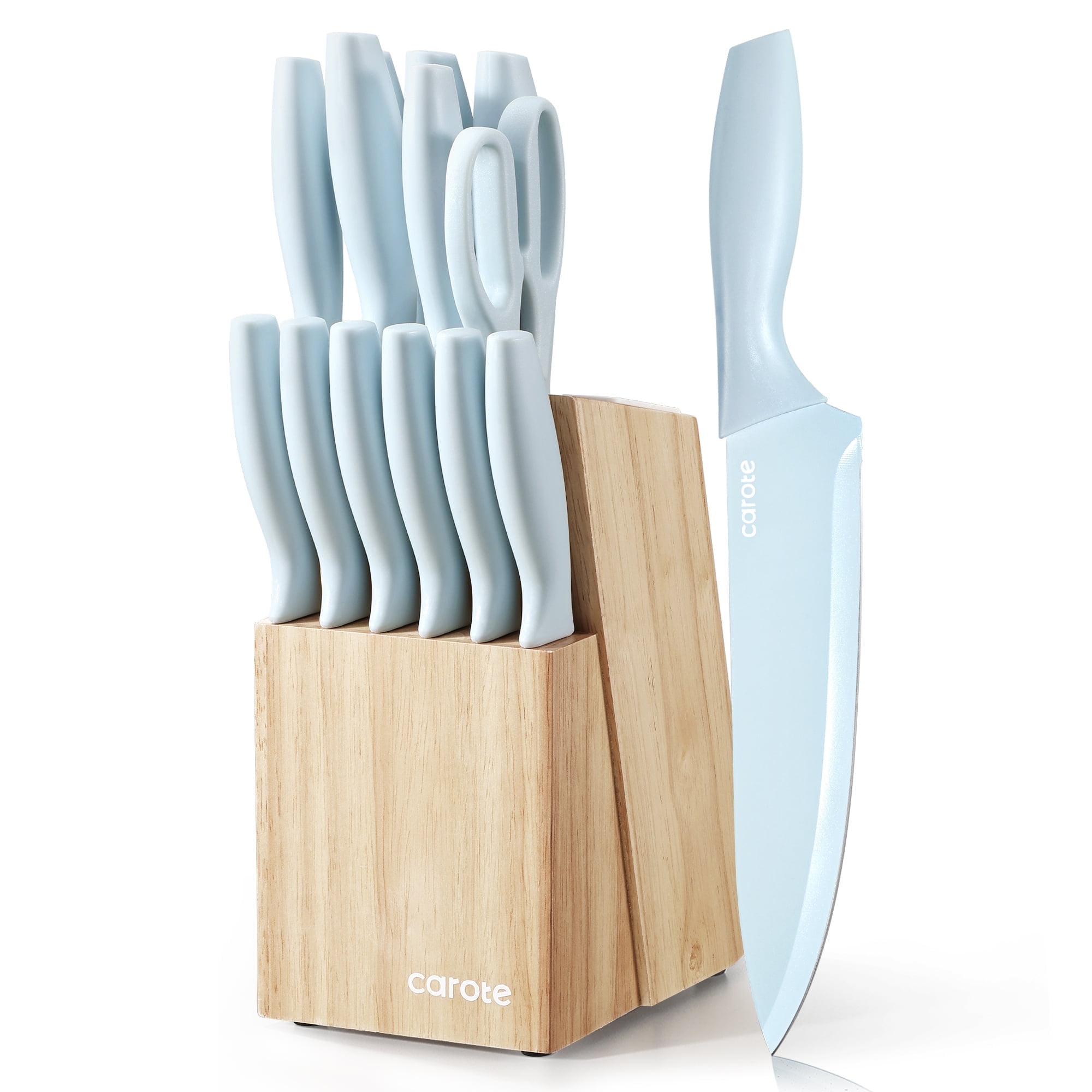 Carote 15-Piece Premium Kitchen Knife Set, Blue Ceramic-Coated Blades with Stylish Wooden Block