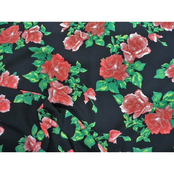 Challis Rayon Apparel Fabric Red Green Black Rose Floral F400