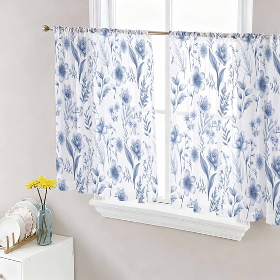 Elegant Blue Flowers Semi Sheer Curtains 45 Inch Length 2 Panels Set, Spring Floral Botanical Summer Sheer Kitchen Curtain Privacy Voile Window Curtain for Living Room Bedroom Rod Pocket Drapes