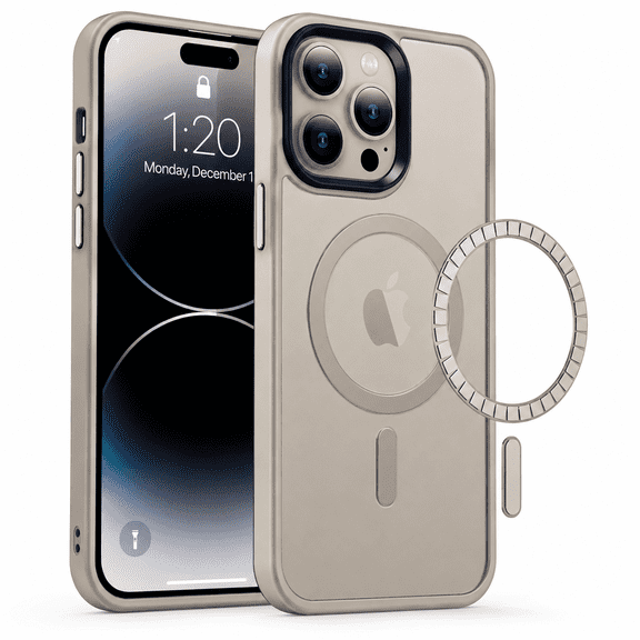 iPhone 13 Pro Max, Frosted Matte Back with Natural Titanium TPU Bumper, Shockproof Protective Cover, Built-in Magnetic Ring, Camera Lens Protection, Wireless Charging Compatible