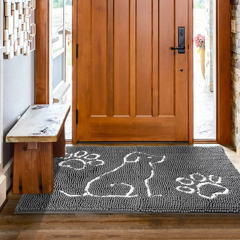 Lochas Bath Rugs Dog Chenille Shaggy Washable Non Slip Entry Rug Door Mat  Bathroom Mat Absorbent Carpets,24x36,Gray with Print 