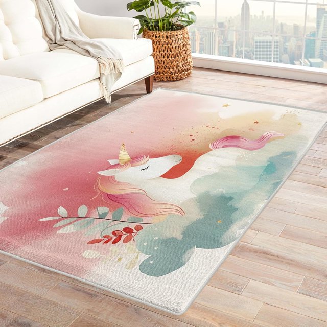 Unicorn Rugs for Girls Bedroom - 5x7 Rug - Unicorn Rug - Cute Fantasy Animal Area Rug - Girls Kids Gradient Rugs - Princess Red and Green Carpet