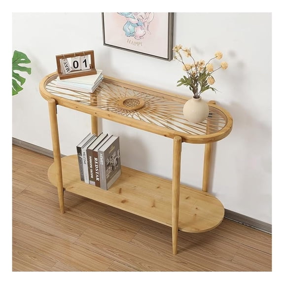 Rattan Console Table, 2-Tier Boho Entryway Table with Tempered Glass Top and Wood Legs, Century Modern Sofa Table for Hallway, Entryway, Living Room (Natural)