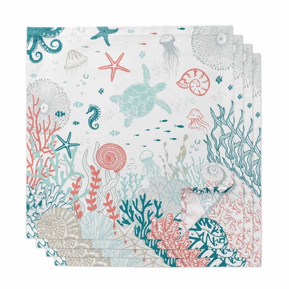 Coastal Turtle Cloth Napkins, Teal Green Ocean Coral Starfish Jellyfish Washable and Reusable Dinner Napkins Set of 4, Table Napkin for Kitchen Party Birthday Wedding Hotel Housewarming 20"x20"
