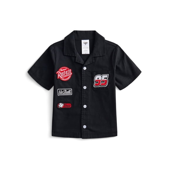 Disney Pixar Cars Toddler Boys Short Sleeve Cotton Button Down Shirt with Patches, Sizes 12M-5T